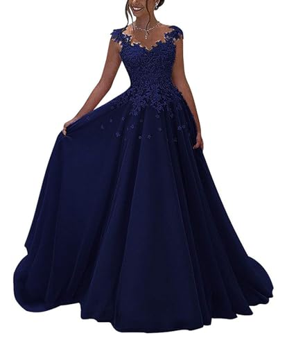 HUINI Spitzen Ballkleider Lang - Formell Abendkleid Prinzessin A-Linie Hochzeitsgast Kleid Ärmellos Festkleid Navy Blau 56 von HUINI