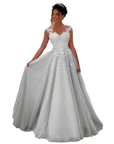 HUINI Spitzen Ballkleider Lang - Formell Abendkleid Prinzessin A-Linie Hochzeitsgast Kleid Ärmellos Festkleid Silber 38 von HUINI