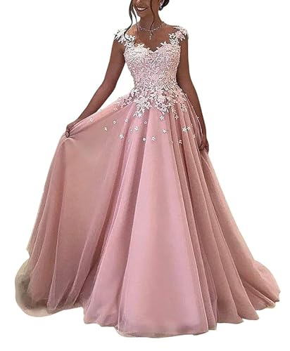 HUINI Spitzen Ballkleider Lang - Formell Abendkleid Prinzessin A-Linie Hochzeitsgast Kleid Ärmellos Festkleid Staubige Rose 38 von HUINI