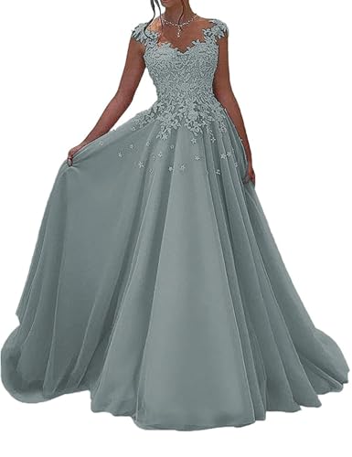 HUINI Spitzen Ballkleider Lang - Formell Abendkleid Prinzessin A-Linie Hochzeitsgast Kleid Ärmellos Festkleid Staubiges Blau 54 von HUINI
