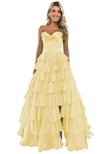HUINI Trägerloses Satin Korsett Ballkleider 2025 - Langes gestuftes Rüschen Chiffon Ballkleid mit Schlitz und Taschen (Gelb 40) von HUINI