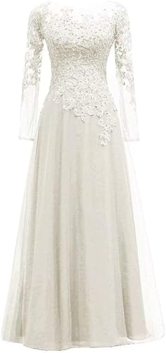 HUINI Tüll Abendkleider Spitze Ballkleider Lang A-Linie Brautjungfernkleider Brautkleid Vintage Festkleid Langarm Elfenbein 48 von HUINI