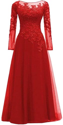 HUINI Tüll Abendkleider Spitze Ballkleider Lang A-Linie Brautjungfernkleider Brautkleid Vintage Festkleid Langarm Rot 42 von HUINI