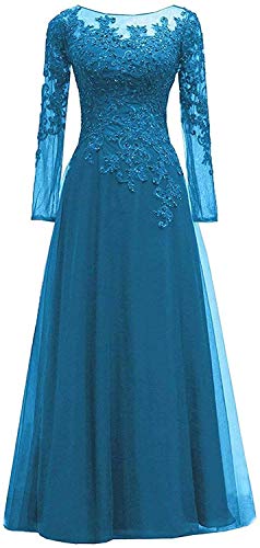 HUINI Tüll Abendkleider Spitze Ballkleider Lang A-Linie Brautjungfernkleider Brautkleid Vintage Festkleid Langarm Türkisblau 42 von HUINI