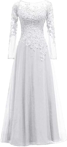 HUINI Tüll Abendkleider Spitze Ballkleider Lang A-Linie Brautjungfernkleider Brautkleid Vintage Festkleid Langarm Weiß 38 von HUINI