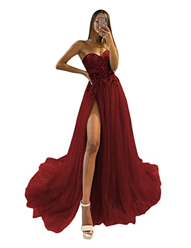 HUINI Tüll Ballkleider Lang Prinzessin Abiballkleid mit Schlitz Abendkleid Trägerlose Quinceanera Partykleid Weinrot 32 von HUINI
