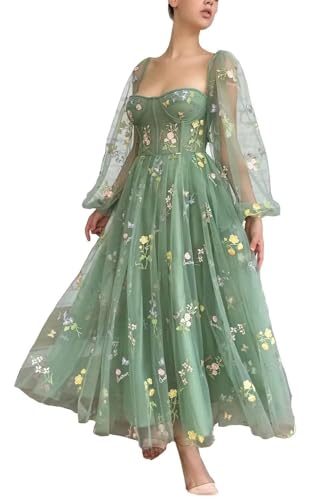 HUINI Tüll Blumen Ballkleider Vintage Abendkleid mit Ärmel Lang Abschlussballkleid A-Linie Partykleid Grün 48 von HUINI
