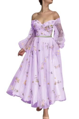 HUINI Tüll Blumen Ballkleider Vintage Abendkleid mit Ärmel Lang Abschlussballkleid A-Linie Partykleid Violett 48 HUINI Tüll Blumen Ballkleider Vintage Abendkleid mit Ärmel Lang Abschlussballkleid A-Linie Partykleid Violett 48 von HUINI