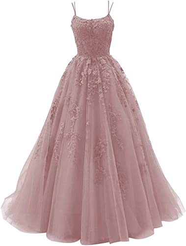 HUINI Tüll Spaghettiträger Ballkleider Lang A-Linie Prinzessin Abiballkleid Quinceanera Kleider Spitzen Rückenfrei Dunkel rosa 38 von HUINI