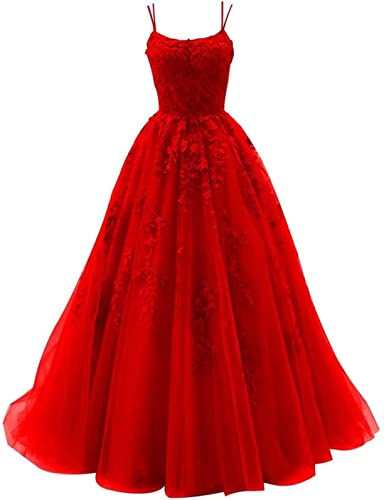 HUINI Tüll Spaghettiträger Ballkleider Lang A-Linie Prinzessin Abiballkleid Quinceanera Kleider Spitzen Rückenfrei Rot 44 von HUINI