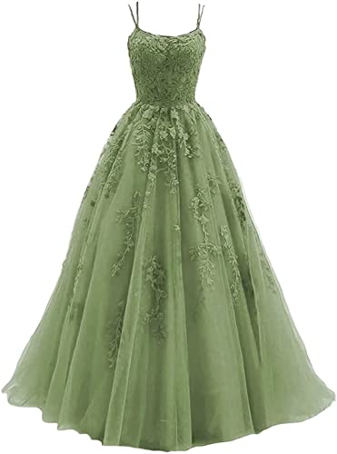 HUINI Tüll Spaghettiträger Ballkleider Lang A-Linie Prinzessin Abiballkleid Quinceanera Kleider Spitzen Rückenfrei Salbei grün 40 von HUINI