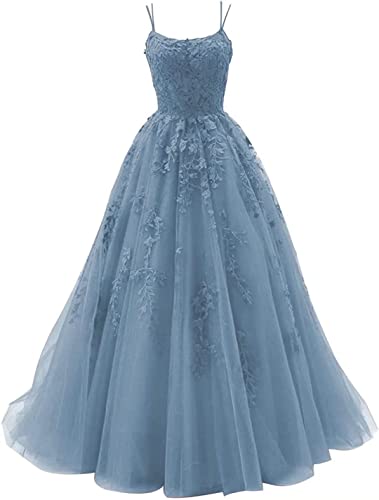 HUINI Tüll Spaghettiträger Ballkleider Lang A-Linie Prinzessin Abiballkleid Quinceanera Kleider Spitzen Rückenfrei Schmutzigblau 42 von HUINI