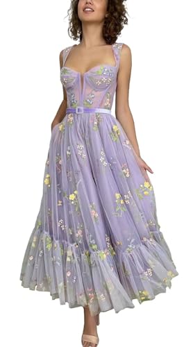 HUINI Tüllkleid für Damen Lang - Blumen Applikationen Prinzessin Abschluss Ballkleider Ärmellos C-Lila 42 von HUINI