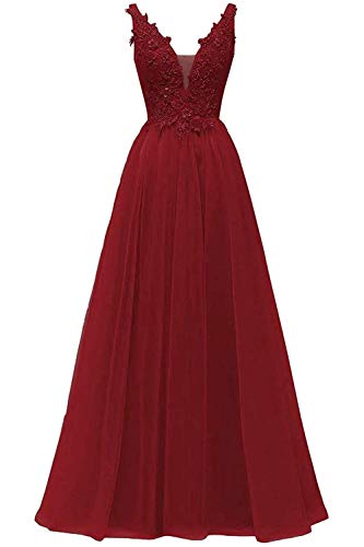 HUINI V-Ausschnitt Abendkleid Lang Elegant Rückenfrei Cocktailkleider Ballkleider Prinzessin Lang Damen Brautjungfernkleid A-Linie Spitze Hochzeit Festkleid Ärmellos Burgund 32 von HUINI