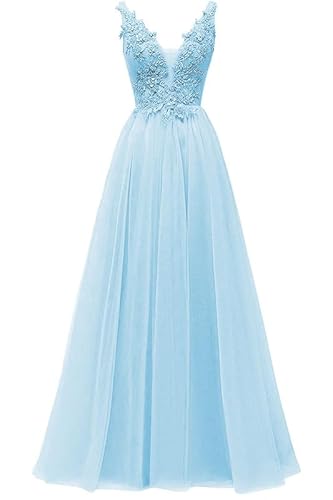 HUINI V-Ausschnitt Abendkleid Lang Elegant Rückenfrei Cocktailkleider Ballkleider Prinzessin Lang Damen Brautjungfernkleid A-Linie Spitze Hochzeit Festkleid Ärmellos Hellblau 32 von HUINI