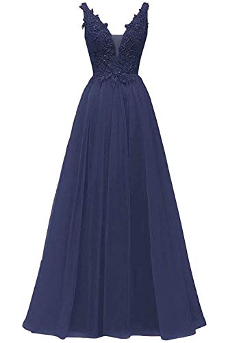 HUINI V-Ausschnitt Abendkleid Lang Elegant Rückenfrei Cocktailkleider Ballkleider Prinzessin Lang Damen Brautjungfernkleid A-Linie Spitze Hochzeit Festkleid Ärmellos Marineblau 42 von HUINI