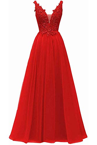 HUINI V-Ausschnitt Abendkleid Lang Elegant Rückenfrei Cocktailkleider Ballkleider Prinzessin Lang Damen Brautjungfernkleid A-Linie Spitze Hochzeit Festkleid Ärmellos Rot 44 von HUINI