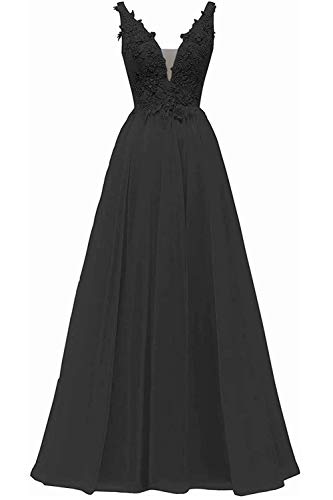 HUINI V-Ausschnitt Abendkleid Lang Elegant Rückenfrei Cocktailkleider Ballkleider Prinzessin Lang Damen Brautjungfernkleid A-Linie Spitze Hochzeit Festkleid Ärmellos Schwarz 40 von HUINI