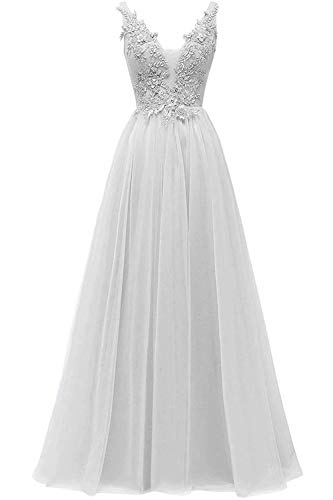 HUINI V-Ausschnitt Abendkleid Lang Elegant Rückenfrei Cocktailkleider Ballkleider Prinzessin Lang Damen Brautjungfernkleid A-Linie Spitze Hochzeit Festkleid Ärmellos Silber 40 von HUINI