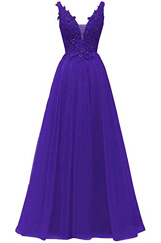 HUINI V-Ausschnitt Abendkleid Lang Elegant Rückenfrei Cocktailkleider Ballkleider Prinzessin Lang Damen Brautjungfernkleid A-Linie Spitze Hochzeit Festkleid Ärmellos Violett 54 von HUINI