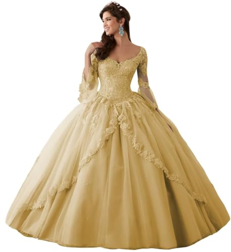 HUINI V-Ausschnitt Langarm Tüll Ballkleid Partykleider Langer Abschlussball Formale Abendkleider Abendkleid Gold 48 von HUINI