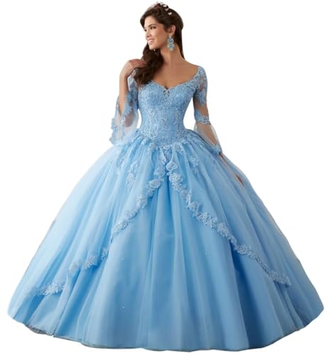 HUINI V-Ausschnitt Langarm Tüll Ballkleid Partykleider Langer Abschlussball Formale Abendkleider Abendkleid Hellblau 42 von HUINI