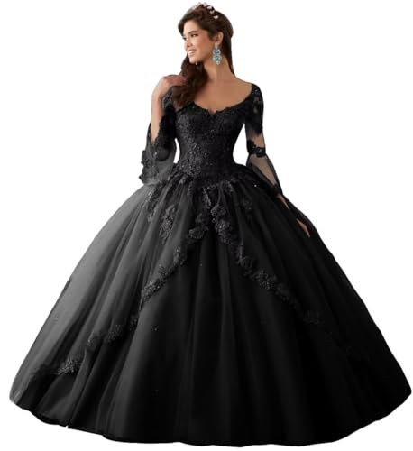 HUINI V-Ausschnitt Langarm Tüll Ballkleid Partykleider Langer Abschlussball Formale Abendkleider Abendkleid Schwarz 38 von HUINI