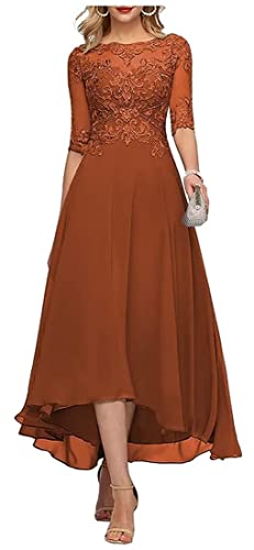 HUINI Wadenlang Brautmutterkleider mit Ärmel Spitzen High-Low Formell Abendkleid Mutter des Bräutigams Kleid Dunkel orange 38 von HUINI