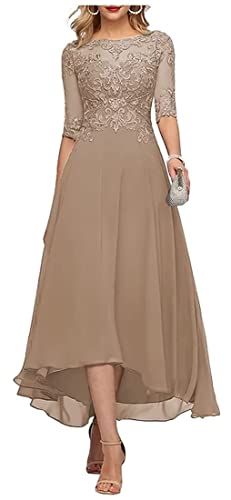 HUINI Wadenlang Brautmutterkleider mit Ärmel Spitzen High-Low Formell Abendkleid Mutter des Bräutigams Kleid Hellbraun 38 von HUINI