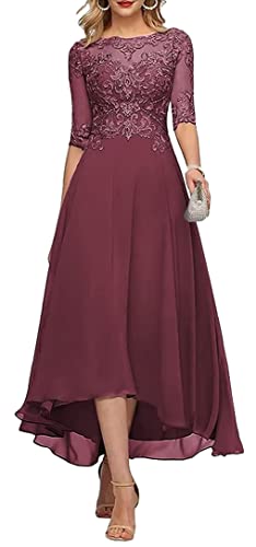 HUINI Wadenlang Brautmutterkleider mit Ärmel Spitzen High-Low Formell Abendkleid Mutter des Bräutigams Kleid Himbeer 38 von HUINI