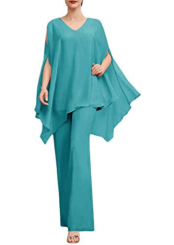 HUINI Zweiteilig Mutter der Braut Hosenanzug Chiffon Lang Abendparty Hosen Set für Damen Hochzeit Gast Kleid Set Jade 42 von HUINI