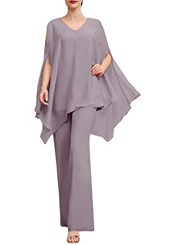 HUINI Zweiteilig Mutter der Braut Hosenanzug Chiffon Lang Abendparty Hosen Set für Damen Hochzeit Gast Kleid Set Mauve 58 von HUINI