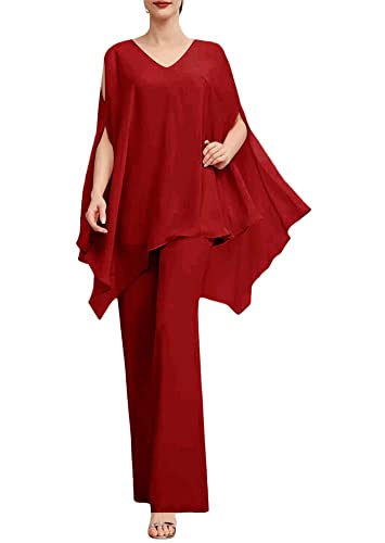 HUINI Zweiteilig Mutter der Braut Hosenanzug Chiffon Lang Abendparty Hosen Set für Damen Hochzeit Gast Kleid Set Rot 58 von HUINI