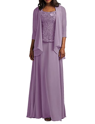 HUINI Zweiteilig Mutter der Braut Kleider Langarm Spitzen Abendkleider Elegant Festliche Partykleid Hochzeitsgast Kleid mit Jacke Dunkel lila 42 von HUINI