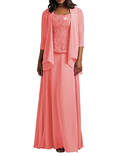 HUINI Zweiteilig Mutter der Braut Kleider Langarm Spitzen Abendkleider Elegant Festliche Partykleid Hochzeitsgast Kleid mit Jacke Koralle 50 von HUINI