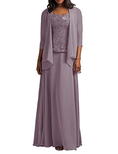 HUINI Zweiteilig Mutter der Braut Kleider Langarm Spitzen Abendkleider Elegant Festliche Partykleid Hochzeitsgast Kleid mit Jacke Mauve 40 von HUINI