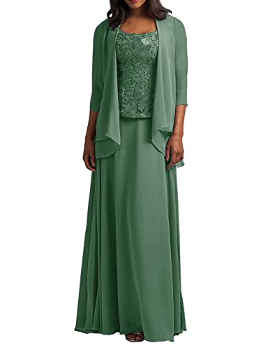 HUINI Zweiteilig Mutter der Braut Kleider Langarm Spitzen Abendkleider Elegant Festliche Partykleid Hochzeitsgast Kleid mit Jacke Salbei 44 von HUINI