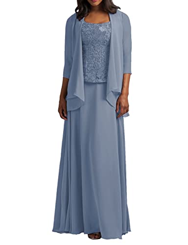 HUINI Zweiteilig Mutter der Braut Kleider Langarm Spitzen Abendkleider Elegant Festliche Partykleid Hochzeitsgast Kleid mit Jacke Schmutzigblau 44 von HUINI