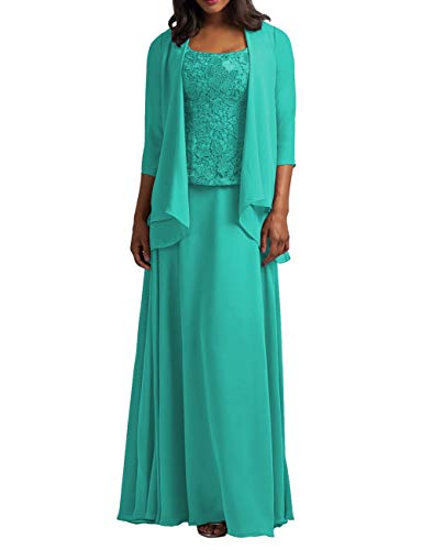 HUINI Zweiteilig Mutter der Braut Kleider Langarm Spitzen Abendkleider Elegant Festliche Partykleid Hochzeitsgast Kleid mit Jacke Türkis 48 von HUINI