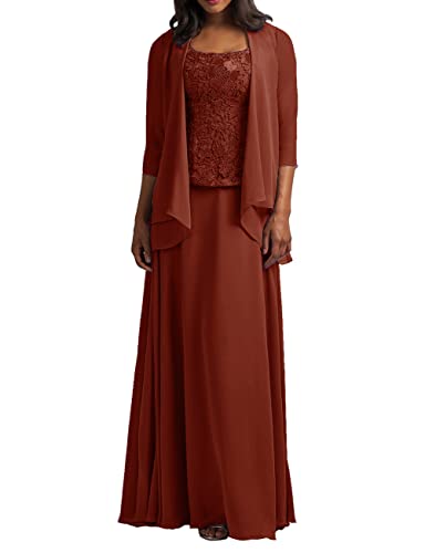 HUINI Zweiteilig Mutter der Braut Kleider Langarm Spitzen Abendkleider Elegant Festliche Partykleid Hochzeitsgast Kleid mit Jacke Ziegelrot 58 von HUINI