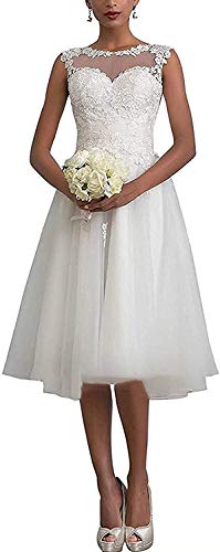 Kurz Spitze Brautkleid Standesamt Hochzeitskleid Schlicht Tüll Strand Brautmode Kleid A-Linie Trauung Hochzeit Partykleid Elfenbein 42 von HUINI