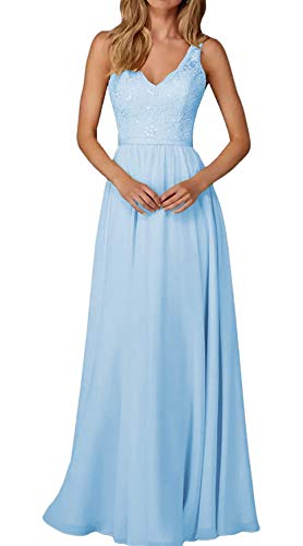 Lang Ballkleider Spitzen A-Linie Brautjungfer Kleider für Hochzeit V-Ausschnitt Festliche Partykleid Hochzeitsgast Kleid Hellblau 38 von HUINI