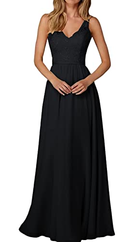 Lang Ballkleider Spitzen A-Linie Brautjungfer Kleider für Hochzeit V-Ausschnitt Festliche Partykleid Hochzeitsgast Kleid Schwarz 40 von HUINI