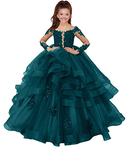 Mädchen Ballkleid A-Linie Tülle Vintage Abendkleid Hochzeit Brautjungfer Kleid für Kinder Prinzessin Taufe Kleider Pfau 11 Jahre von HUINI