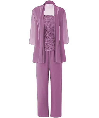 Mutter der Braut Hosenanzug 3 Stück Chiffon Hochzeit Gast Hosen Set Langarm Spitzen Abendkleid Set für Damen Hellviolett 48 von HUINI