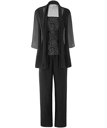 Mutter der Braut Hosenanzug 3 Stück Chiffon Hochzeit Gast Hosen Set Langarm Spitzen Abendkleid Set für Damen Schwarz 48 Mutter der Braut Hosenanzug 3 Stück Chiffon Hochzeit Gast Hosen Set Langarm Spitzen Abendkleid Set für Damen Schwarz 48 von HUINI
