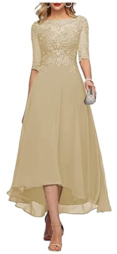 Mutter der Braut Kleid Wadenlang Chiffon Halb Ärmel Abendkleid für Damen A-Linie Empire Hochzeit Gast Kleid Champagner 40 von HUINI