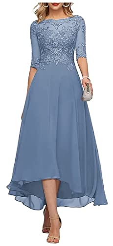 Mutter der Braut Kleider mit Ärmel Vorne Kurz Hinten Lang Spitzen Abendkleid Hochzeitskleid für Damen Grau-blau 36 von HUINI