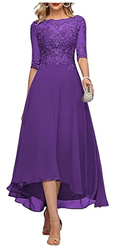 Mutter der Braut Kleider mit Ärmel Vorne Kurz Hinten Lang Spitzen Abendkleid Hochzeitskleid für Damen Violett 50 von HUINI