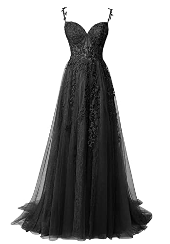 Spitzen Abendkleid Lang Späghettiträger Abschlussballkleid für Mädchen A-Linie Festliche Partykleider Schwarz 34 von HUINI